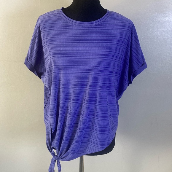 GAP Fit Breathe Women’s Purple Striped Tie Front Tee Sz L - Picture 1 of 7